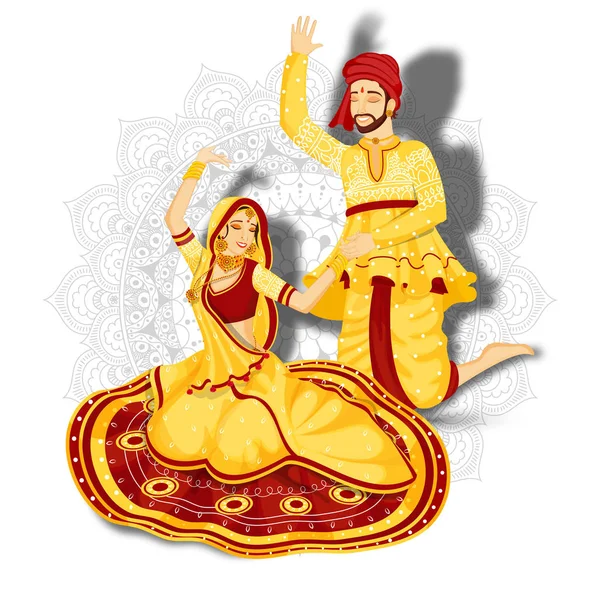 Carácter de pareja bailando garba pose sobre mandala blanco floral b — Vector de stock