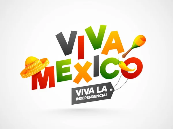 Texte coloré de Viva Mexico avec chapeau sombrero, maracas, piment — Image vectorielle