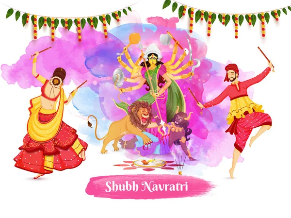 Illustration de couple dansant avec dandiya stick devant Go — Image vectorielle