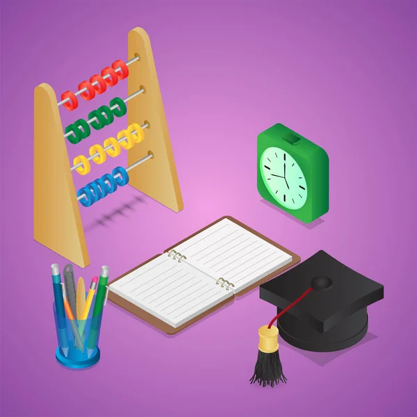 Açık defter, kalem tutucu, abaküs ile 3d mezuniyet kapağı; Alarm — Stok Vektör