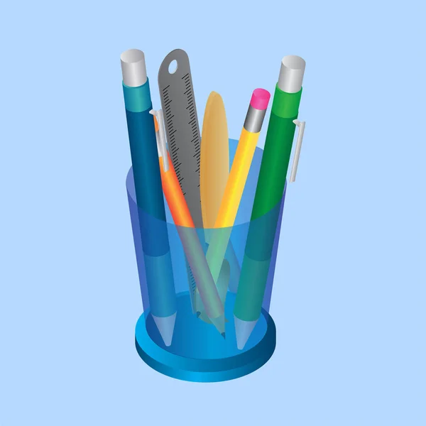 Illustration isométrique du stylo avec crayon, échelle de la règle et dessin — Image vectorielle