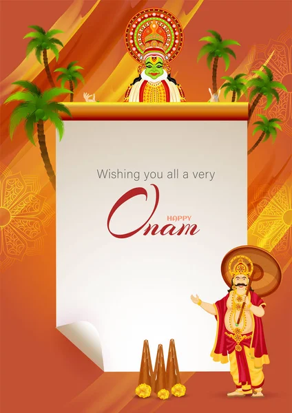 Augurando a tutti voi un biglietto messaggio molto felice del festival Onam o templ — Vettoriale Stock