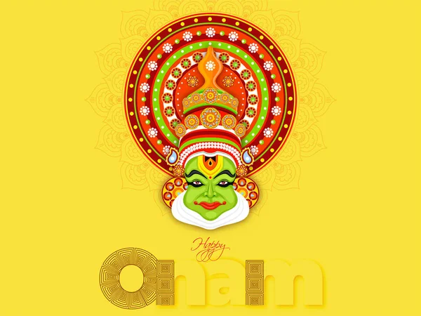 Elegante testo Happy Onam e illustrazione di Kathakali Dancer fac — Vettoriale Stock