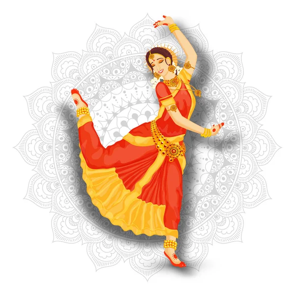 Joven hermosa bailarina india realizando Bharatnatyam en w — Vector de stock