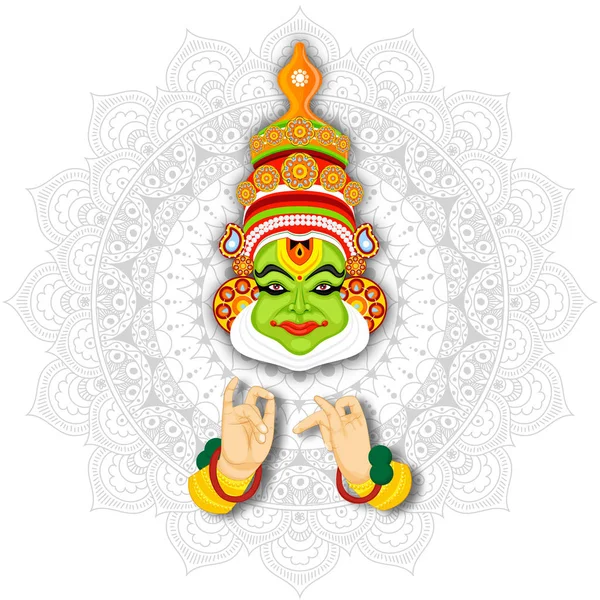 Ilustracja Kathakali tancerz na białej Mandala wzór ekspresyjne — Wektor stockowy