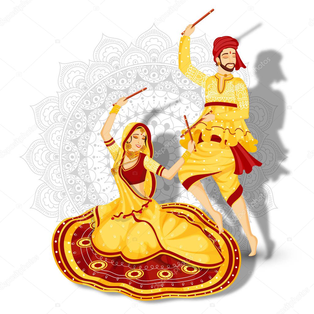 Illustration of couple in dandiya dance pose on white mandala fl