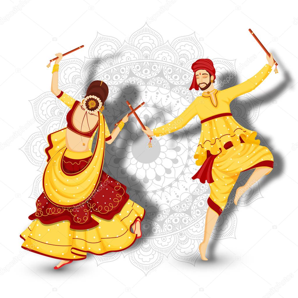 Character of couple dancing with dandiya sticks on white mandala