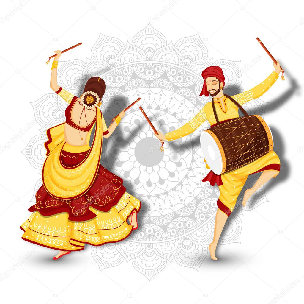 Young woman dancing with dandiya dance and drummer man playing d