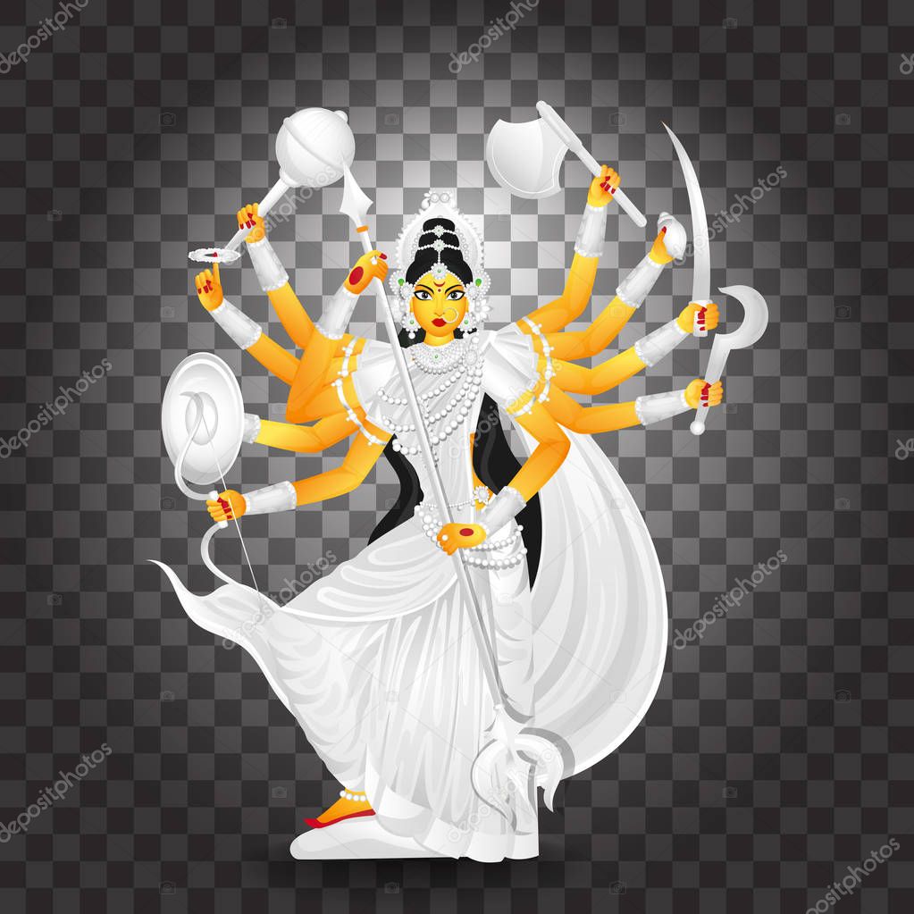 Illustration of Goddess Durga Maa on black png background.
