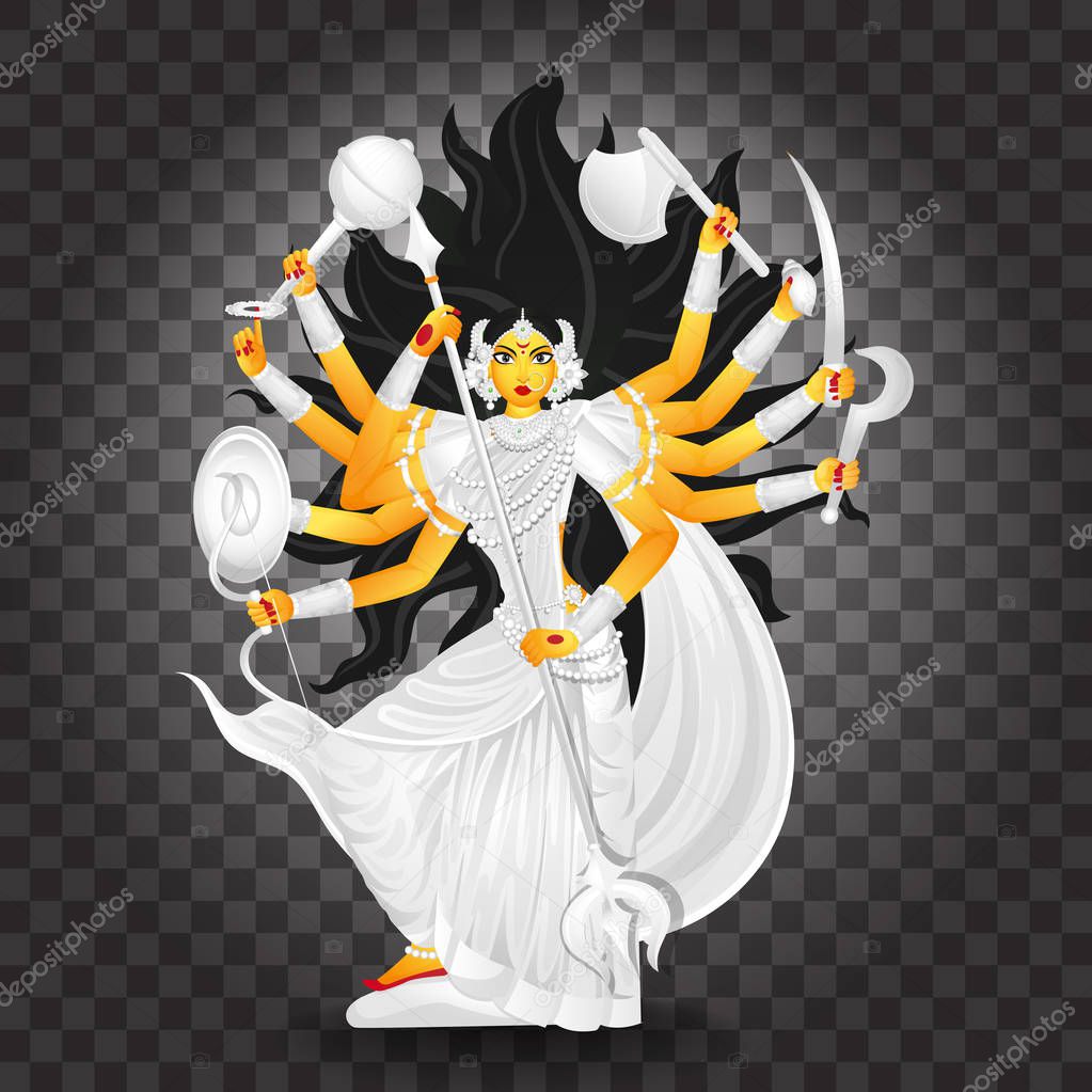 Illustration of Goddess Durga Maa on black png background.