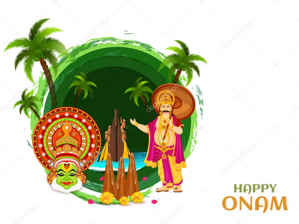 Happy Onam poster or banner design with illustration of Kathakal
