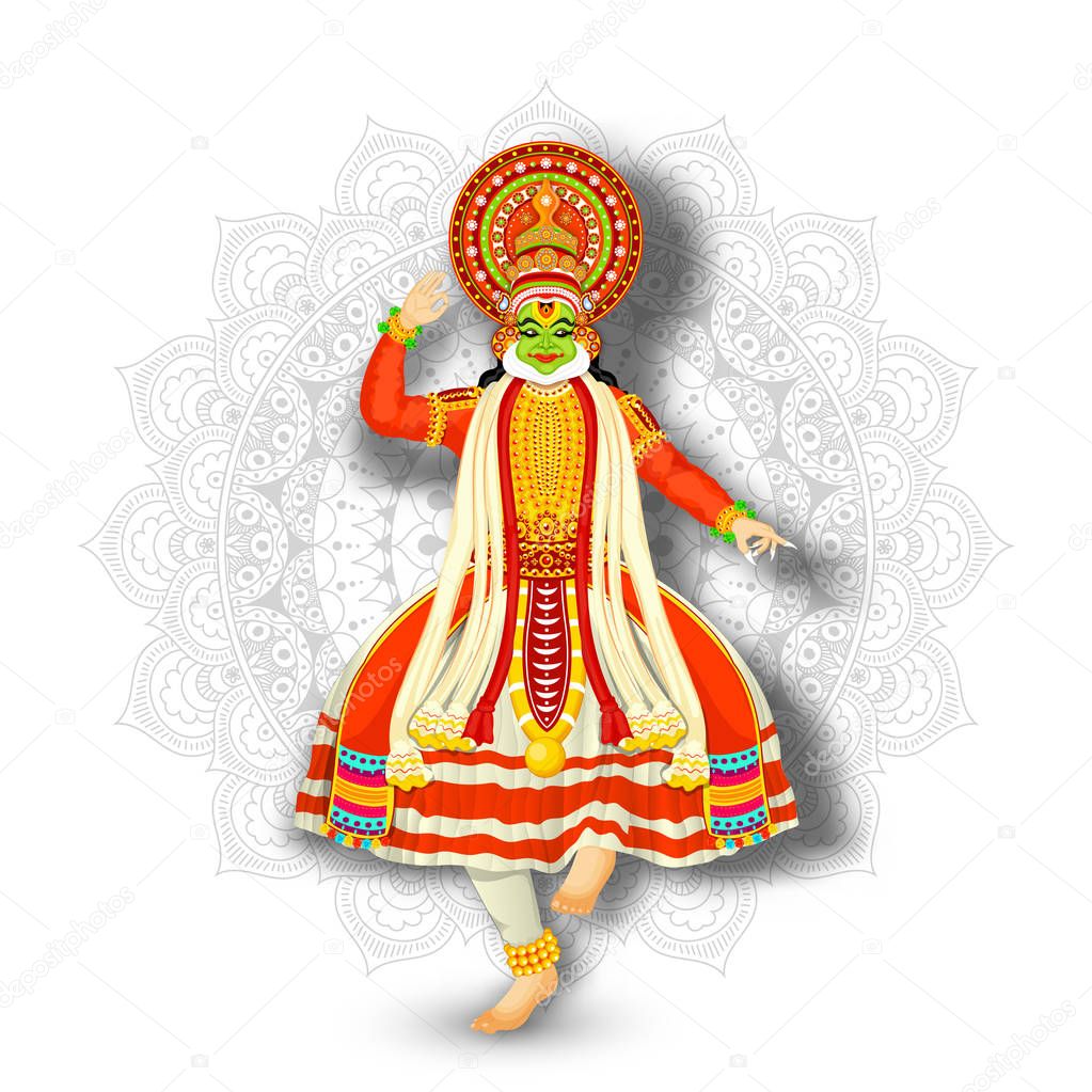 Illustration of Kathakali Dancer performing on white mandala pat