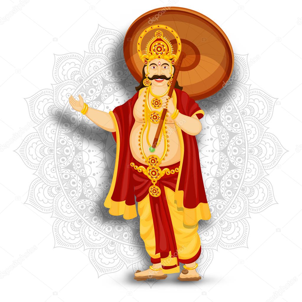 Illustration of happy King Mahabali on mandala pattern backgroun
