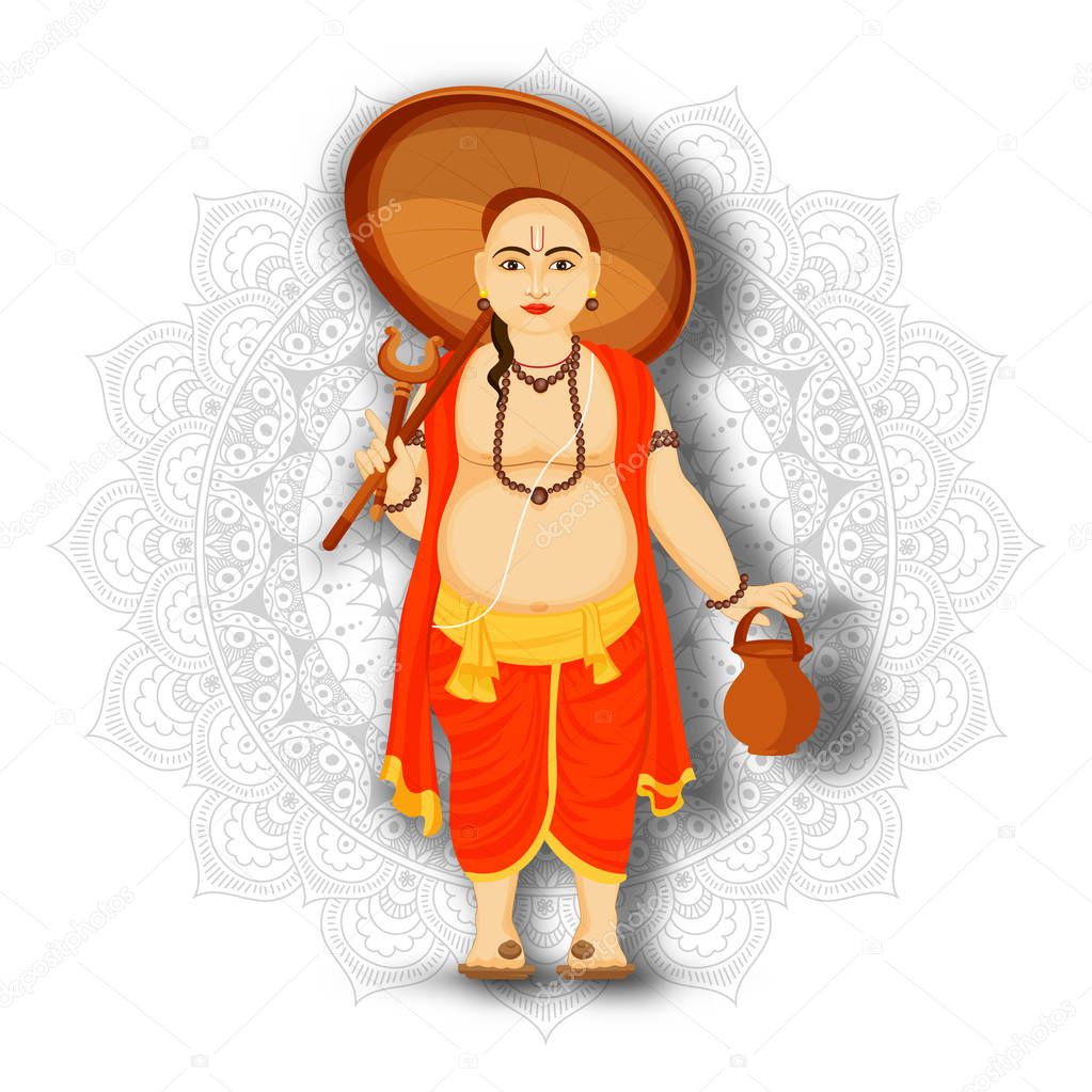 Illustration of Vamana character holding umbrella on mandala pat