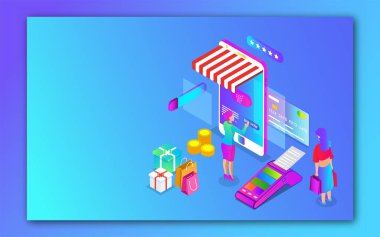 Akıllı telefondan kadınların online alışveriş isometrik illüstrasyon 