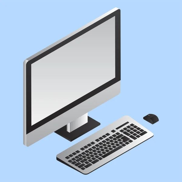 带键盘和缪斯在蓝色背面的计算机的 3d 插图 — 图库矢量图片