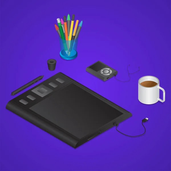 Realistisk bild av 3D-grafisk tablett med pennhållare, MP3-musik p — Stock vektor