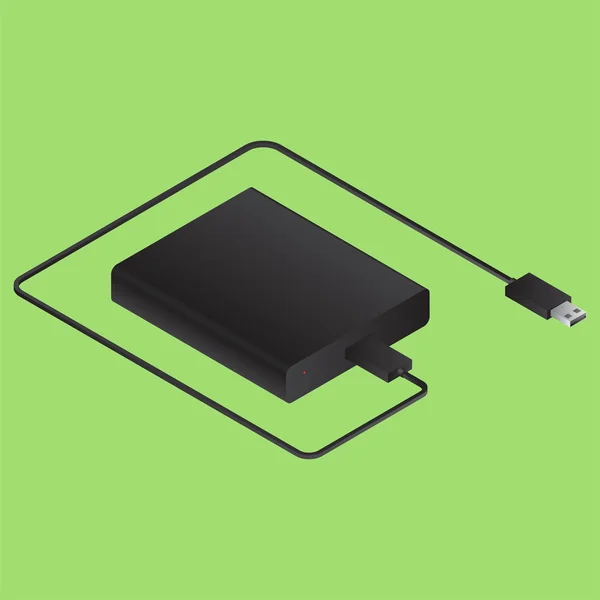 Banco de alimentación 3D con cable USB sobre fondo verde . — Vector de stock