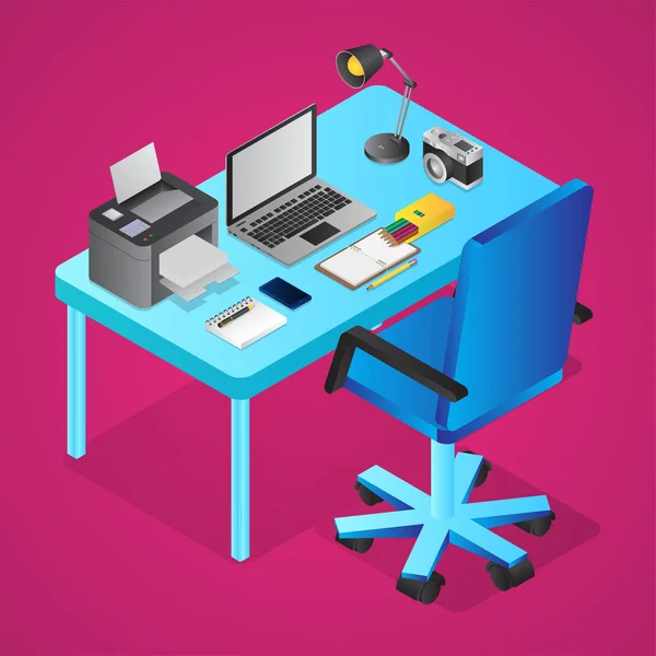 3D-Arbeitsplatz-Ansicht von Grafikdesign-Objekten wie als Drucker, — Stockvektor