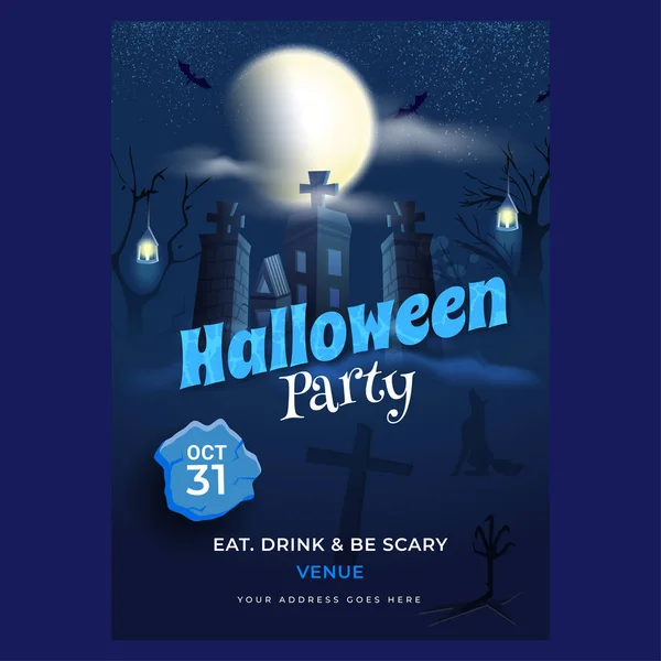 Halloween Party meghívás kártya design kísértetjárta ház és EV — Stock Vector