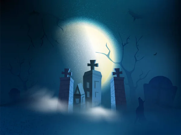 Повний нічний фон місяця з привидами будинок, кладовище і вулик — стоковий вектор
