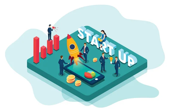 3D-Schriftzug von Start-ups und Geschäftsleuten, die zusammen arbeiten com — Stockvektor