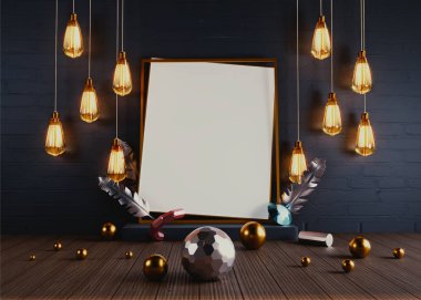 Duvar ve zemin ayarlanmış ışık kare şeklinde çerçeve 3d render. Aralık