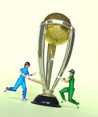 3d Render kriket oyuncusu parlak altın kazanan kupa tutan 