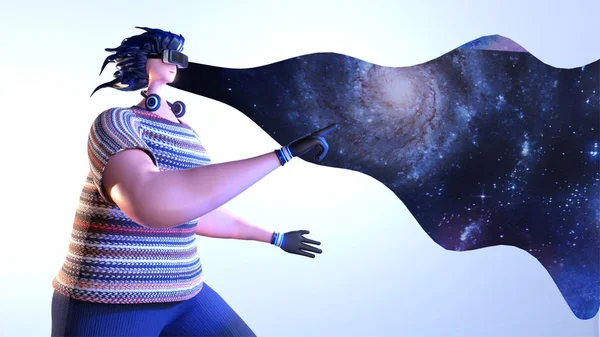 Widok 3D kobiety oglądając do urojonej nocy niebo przestrzeni przez V — Zdjęcie stockowe