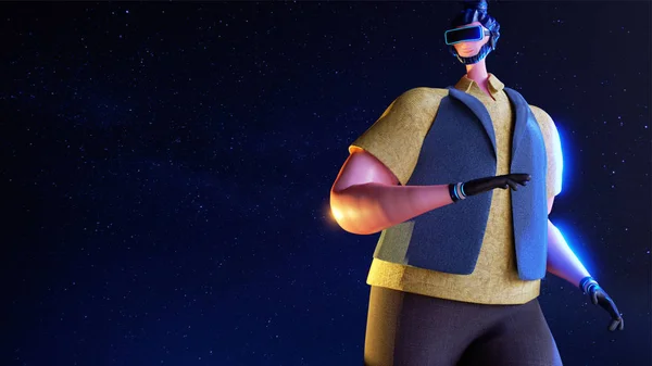 Representación 3D del personaje del hombre con gafas VR en el respaldo del cielo nocturno — Foto de Stock