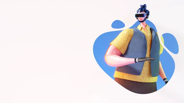 3D-vy av mannen karaktär bär VR glasögon på abstrakt bakgrun — Stockfoto
