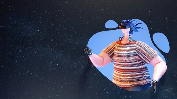 Rendering 3D del personaggio della donna guardando il cielo notturno immaginario sta — Foto Stock