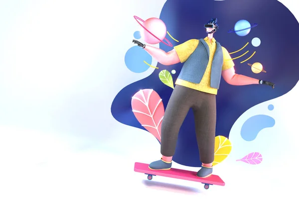 想像上のunに見てスケートボードに乗る男の3Dレンダリング — ストック写真