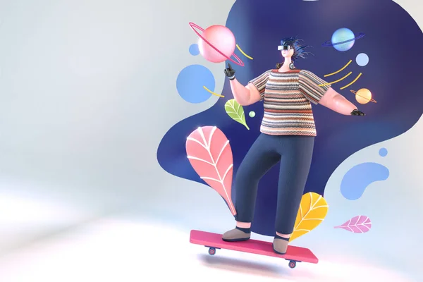 Rendu 3D de femme équitation skateboard avec regarder imaginaire — Photo