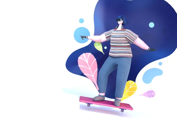 Rendu 3D de femme équitation skateboard avec port de lunettes VR sur — Photo