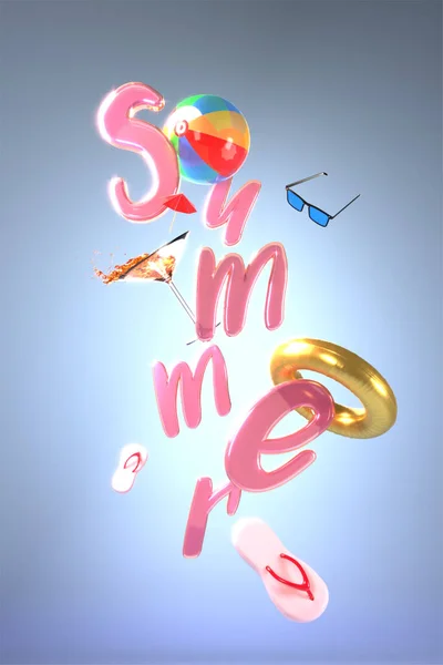 夏のホルのための旅行要素を持つピンクの「夏」テキストの3Dレンダリング — ストック写真
