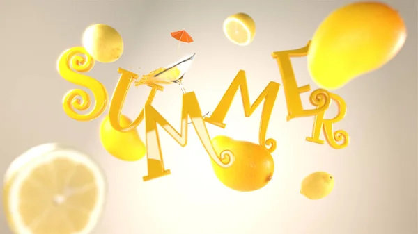 3D Render Summer text with mango and lemon illustration on yello — Stock Photo, Image