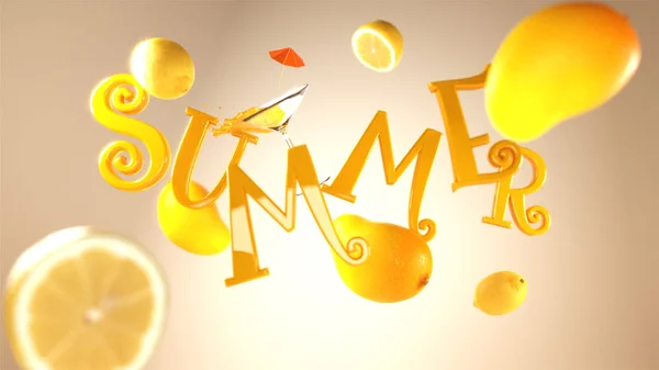 3D Render Summer text with mango and lemon illustration on yello — Stock Photo, Image