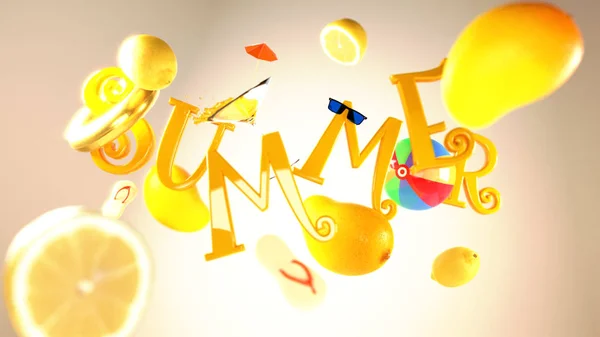 3D Render Summer text with mango and lemon and party element ill — Stock Photo, Image