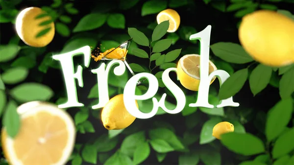 3D Render style "Fresh" calligraphy design with mango and dark g — Stock Photo, Image