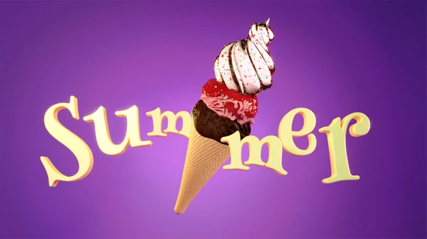 "Summer" szó, fagylalttal a lila háttérben 3D render s — Stock Fotó