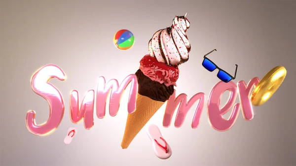 3D render stijl woord "zomer" met ijs en zomer partij El — Stockfoto