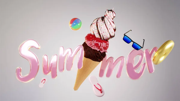 3D Render style word "Summer" with Ice cream and summer party el — Stock Photo, Image