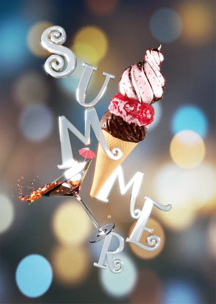 3D Render of "Summer" text and ice-cream on blurred lighting bac — Stock Photo, Image