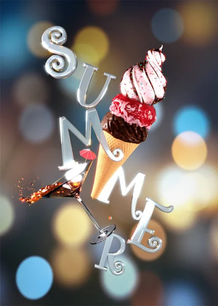 3D Render of "Summer" text and ice-cream on blurred lighting bac — Stock Photo, Image