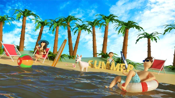 Diseño de estilo 3D Render con carácter de personas que se relajan en la playa —  Fotos de Stock