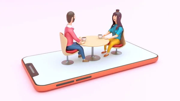 3D renderizado de línea citas concepto con pareja joven en un café — Foto de Stock