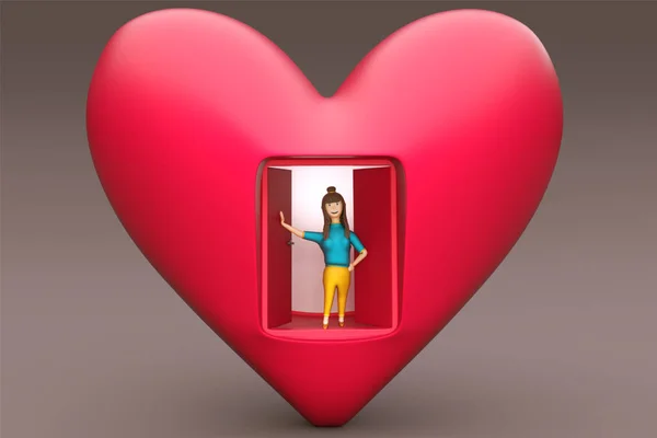 3D визуализация формы сердца с открытыми дверями и юной девушкой — стоковое фото