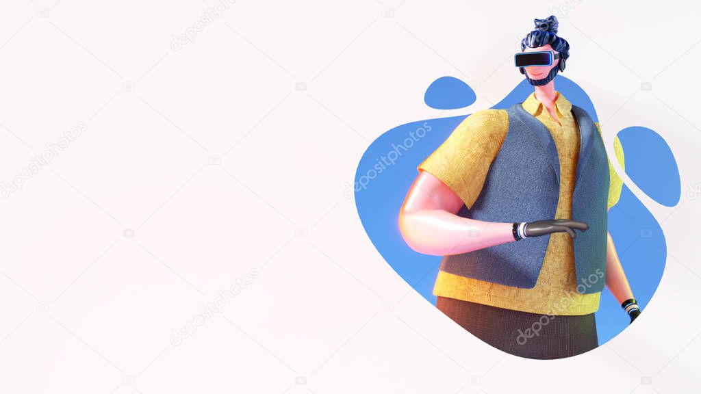 3D view of man character wearing VR glasses on abstract backgrou