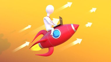 Roket zekâsı üzerinde oturan dizüstü çalışan işadamı3d render